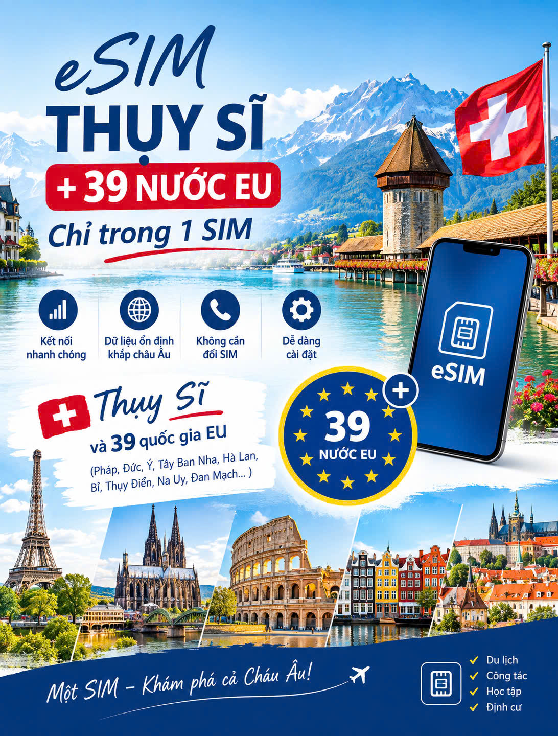 eSIM du lịch Thụy Sĩ và 39 Nước khác